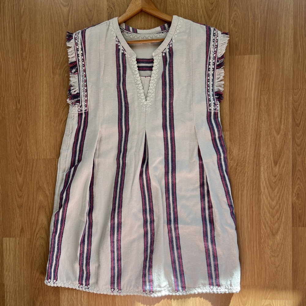 Faherty Baja Beach Tunic Dress Size Large French Rose Stripes Fringe Sea Coast